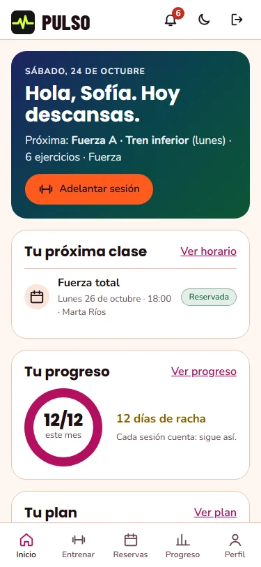 App del socio: próxima clase, progreso del mes y plan
